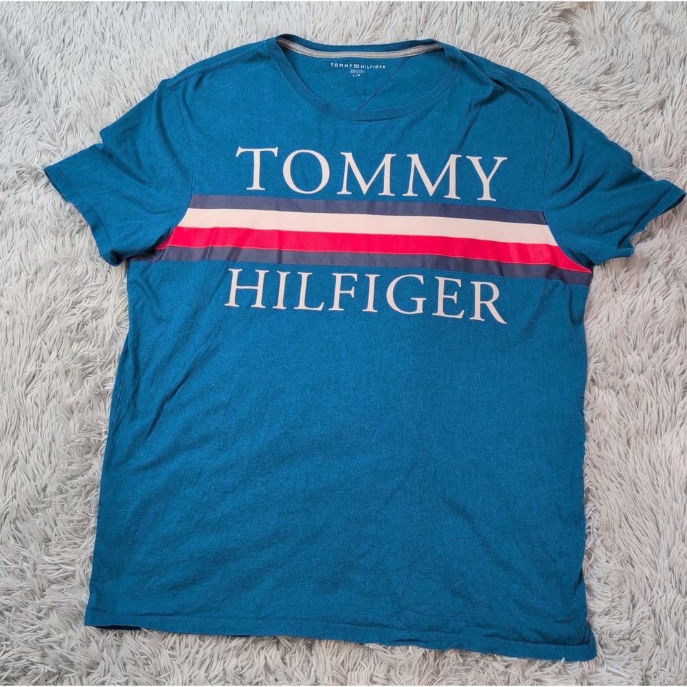 Tommy Hilfiger Shirt Womens L Blue Tee Spell Out Logo Soft Comfort